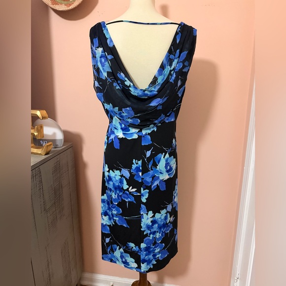 Connected Apparel Blue Floral Midi Dress Open Back with Draping Detail Sz 14 - Picture 2 of 7